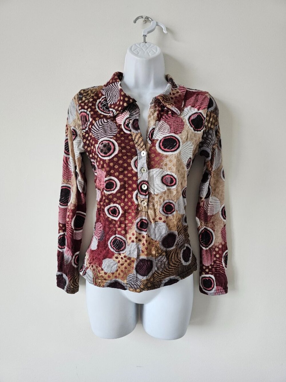 ANTONELLO Multi Color Print Crinkle Stretch Long Sleeve Top Small, Made In Italy